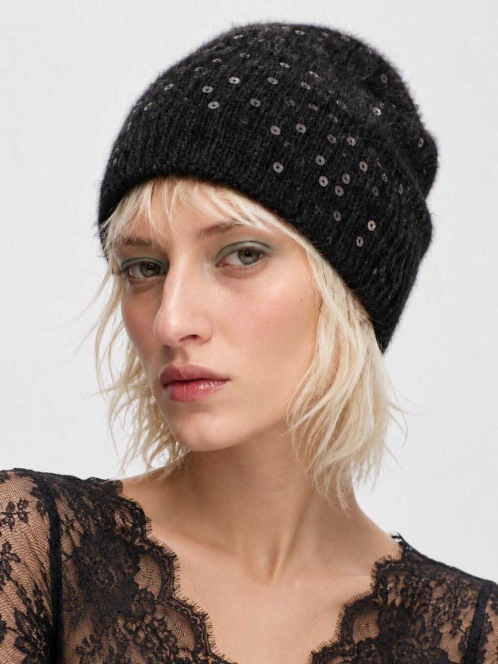Dark Romance Angora Sequin Black Beanie Soft Fluffy Y2K